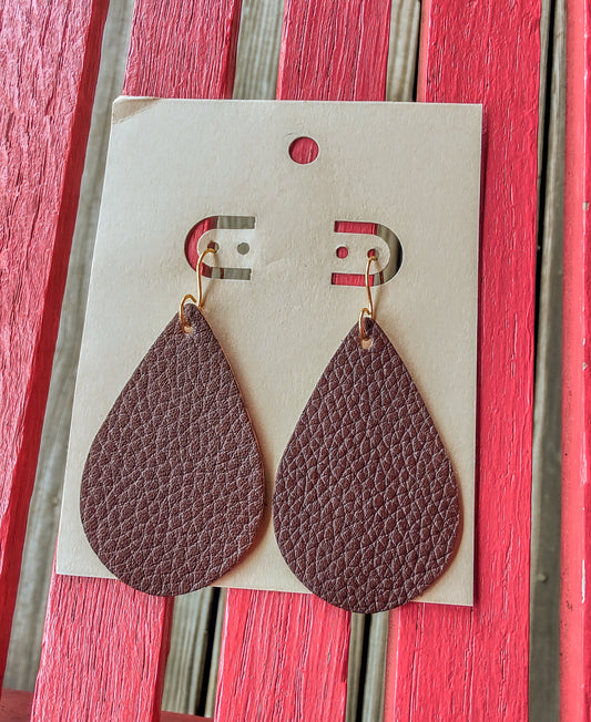 Brown Faux Leather Teardrop Earrings
