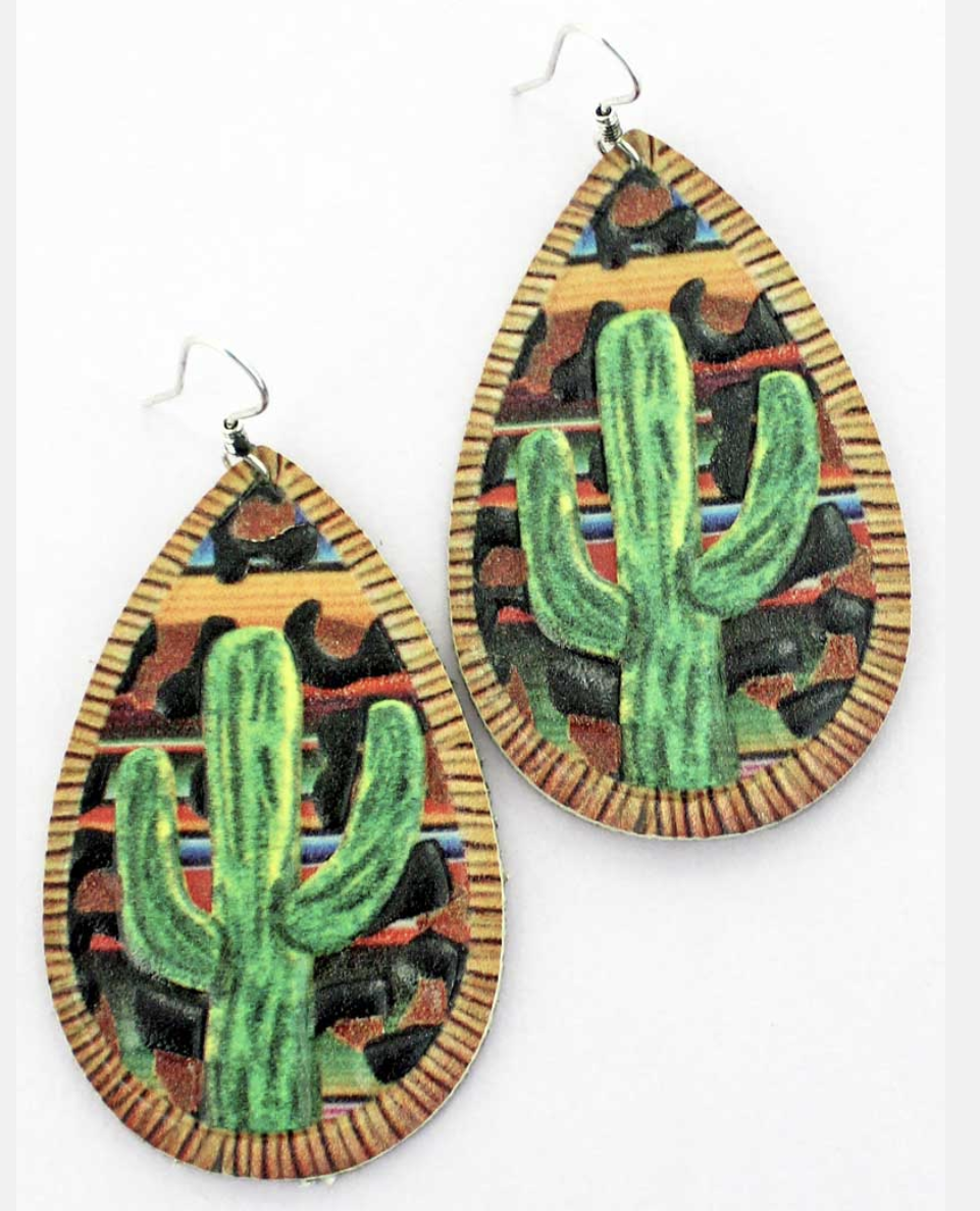 Cactus Leopard Serape Faux Leather Earrings