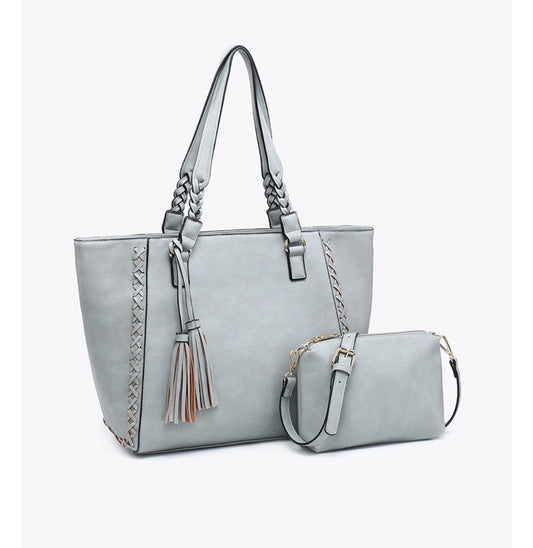 Jen & Co brand Lisa Structured Tote with Braided accents in gray blue *2nd Pic is for size reference*