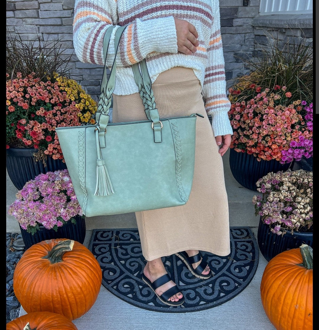 Jen & Co brand Lisa Structured Tote with Braided accents in gray blue *2nd Pic is for size reference*