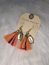 Load image into Gallery viewer, Orange &amp; Purple Tassle Football Earrings