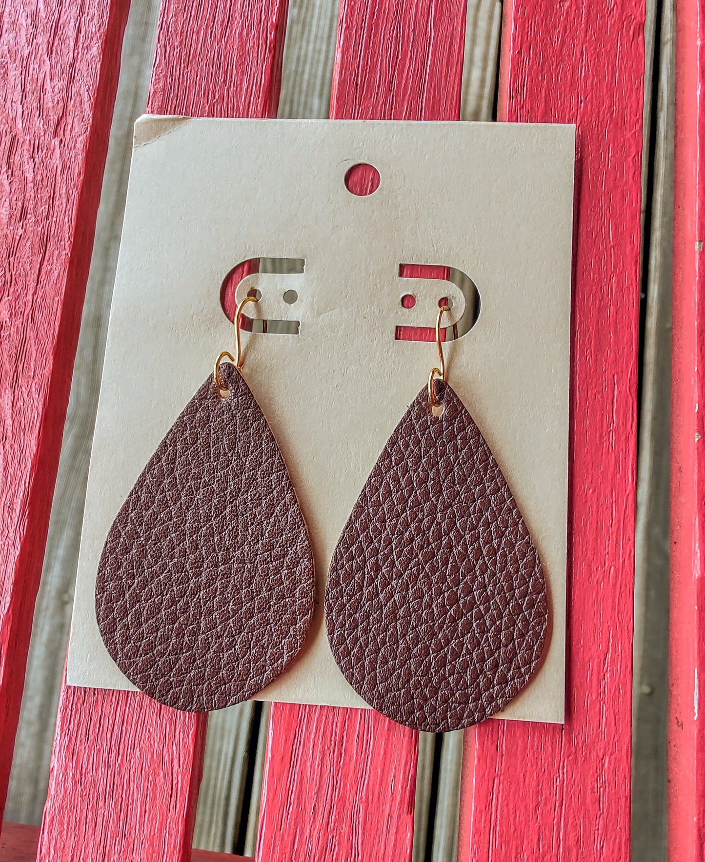 Brown Faux Leather Teardrop Earrings
